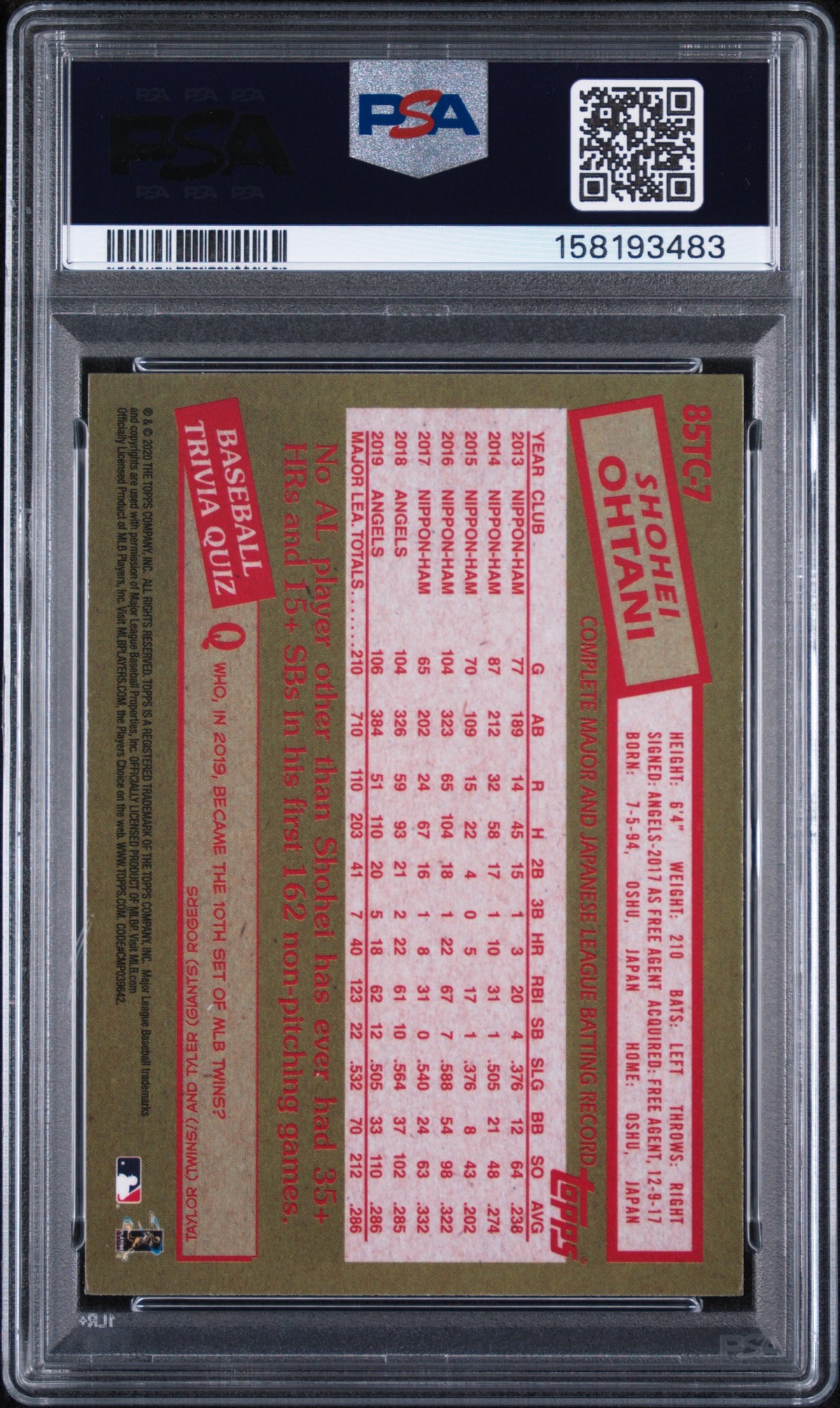 2020 TOPPS CHROME 1985 TOPPS SHOHEI OHTANI 1985 TOPPS #85TC7 PSA 10 - Back