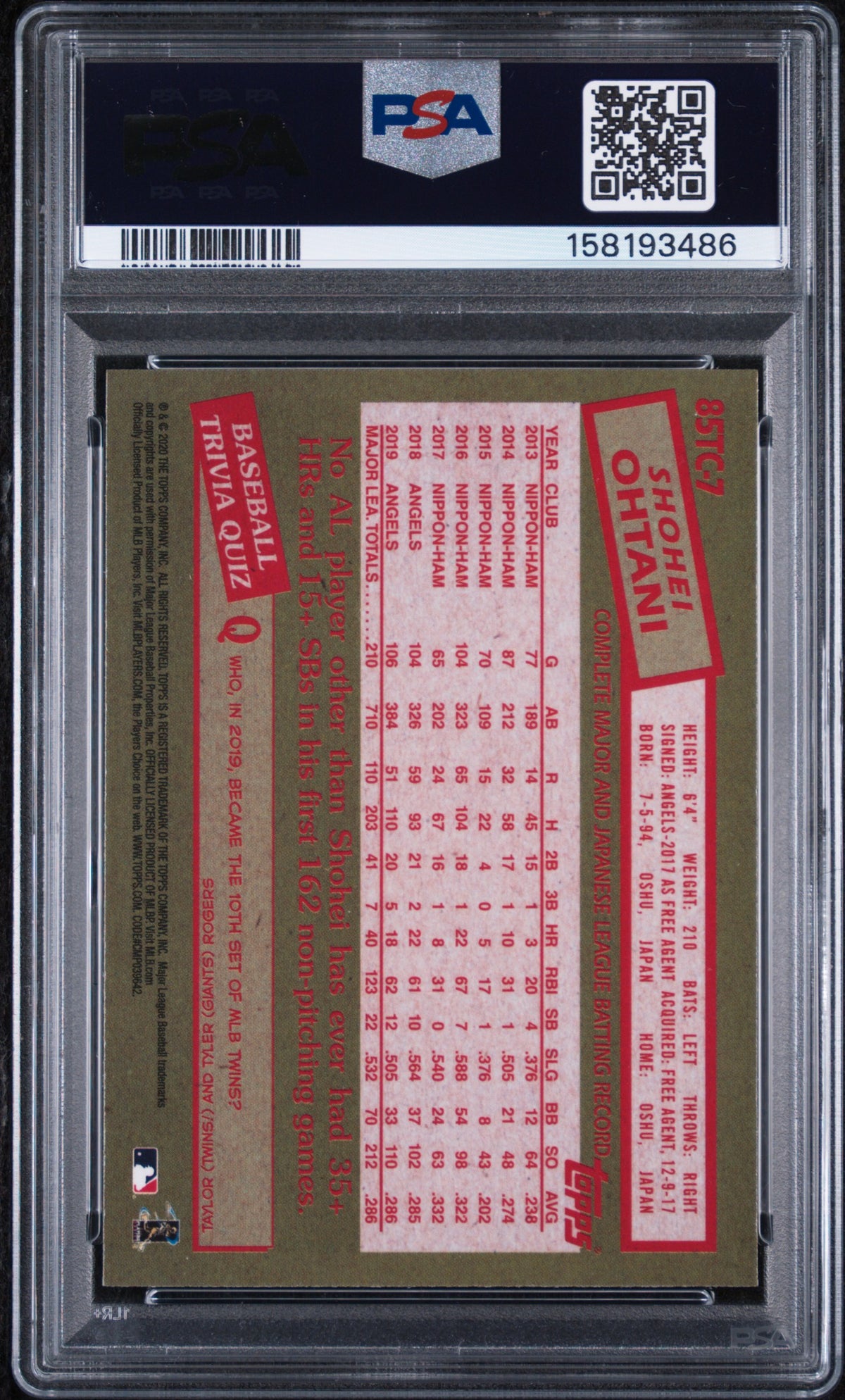2020 TOPPS CHROME 1985 TOPPS SHOHEI OHTANI 1985 TOPPS #85TC7 PSA 10 - Back
