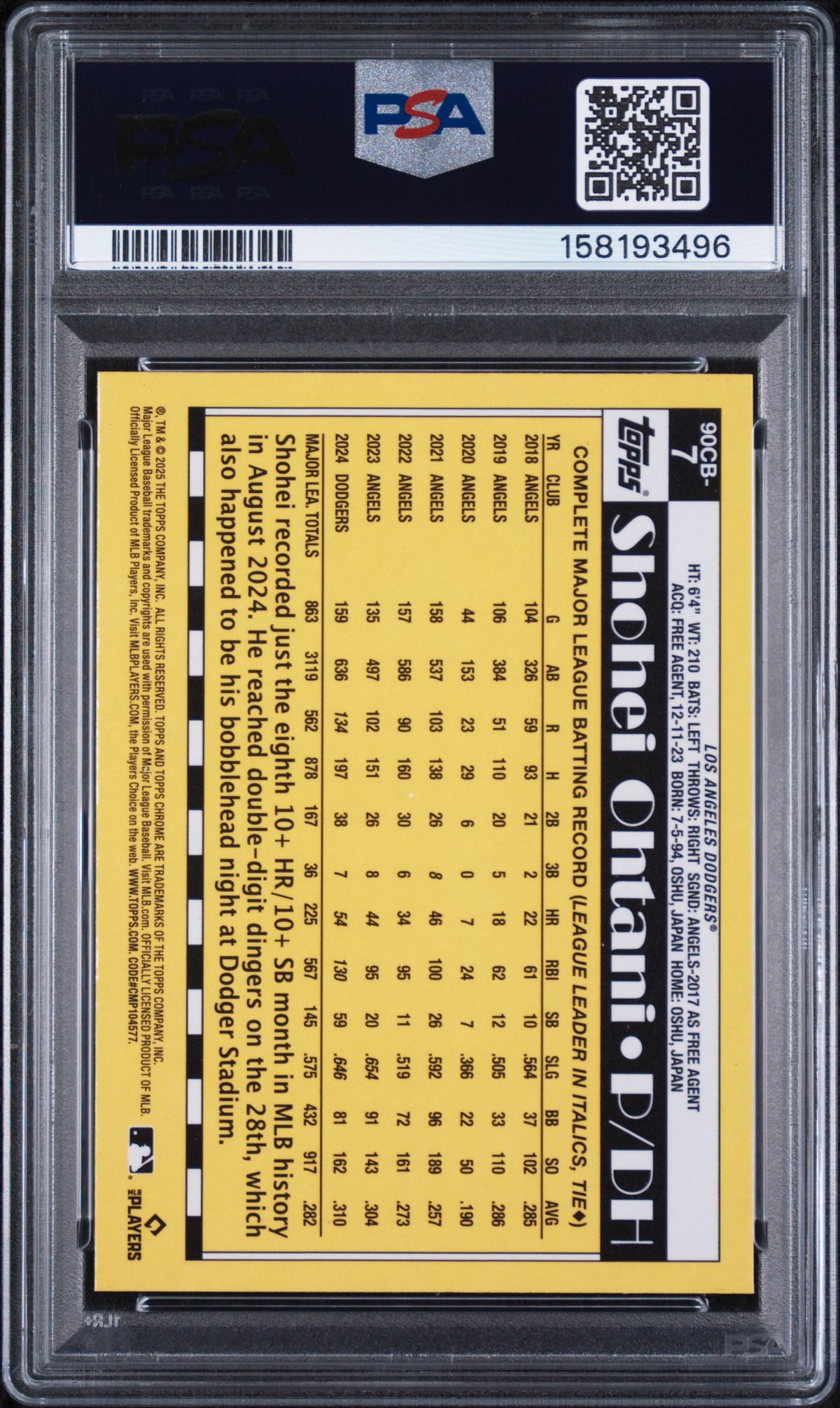 2025 TOPPS CHROME 1990 TOPPS SHOHEI OHTANI #90CB7 PSA 10 - Back