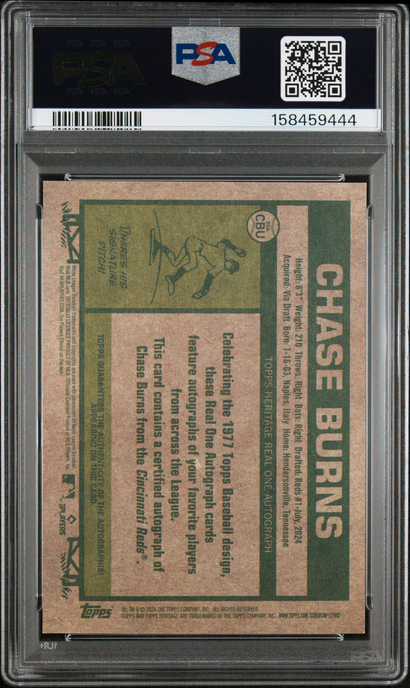 2026 TOPPS HERITAGE REAL ONE AUTOGRAPHS CHASE BURNS #CBU PSA 9 - Back