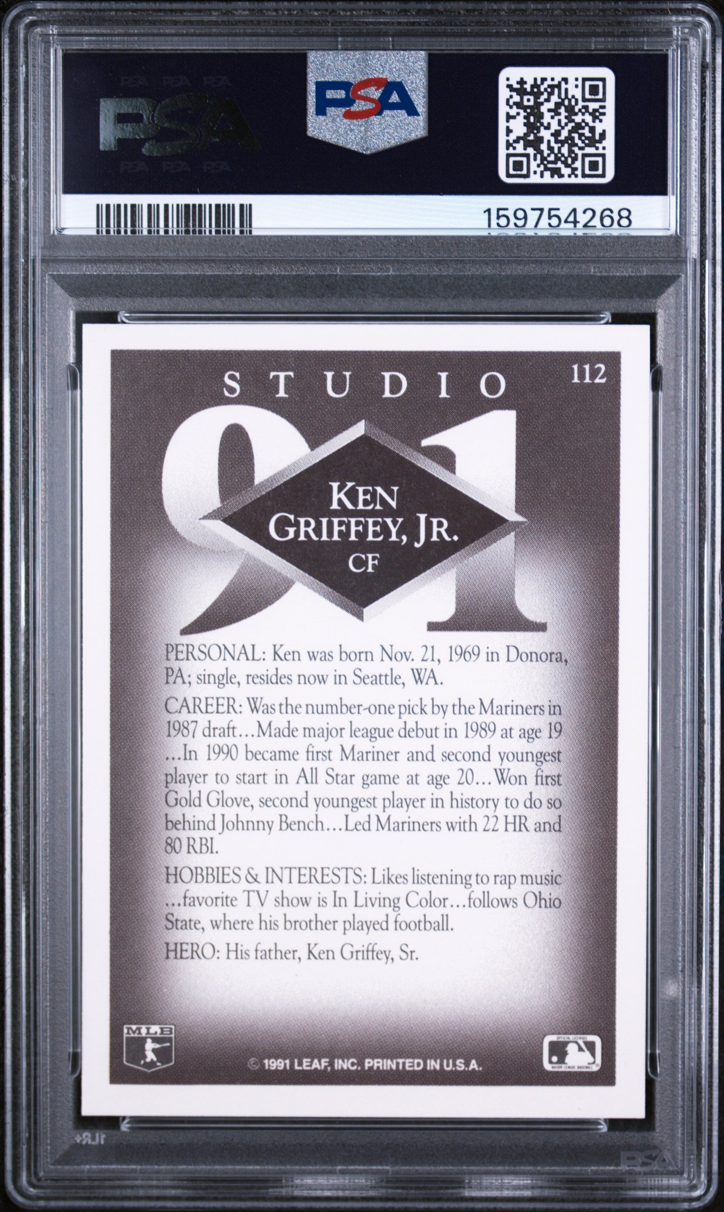 1991 STUDIO KEN GRIFFEY JR. #112 PSA 7 - Back