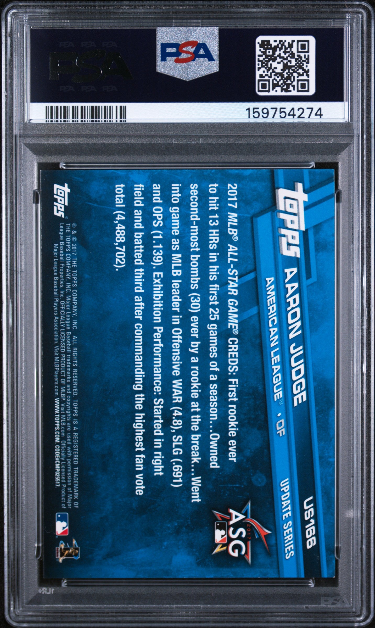 2017 TOPPS UPDATE AARON JUDGE #US166 PSA 8 - Back