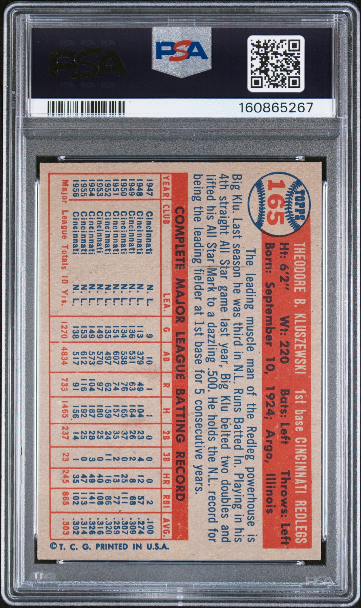 1957 TOPPS TED KLUSZEWSKI #165 PSA 7 - Back