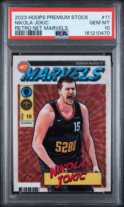 2023 PANINI HOOPS PREMIUM STOCK RETRO NET MARVELS NIKOLA JOKIC #11 PSA 10 - Front