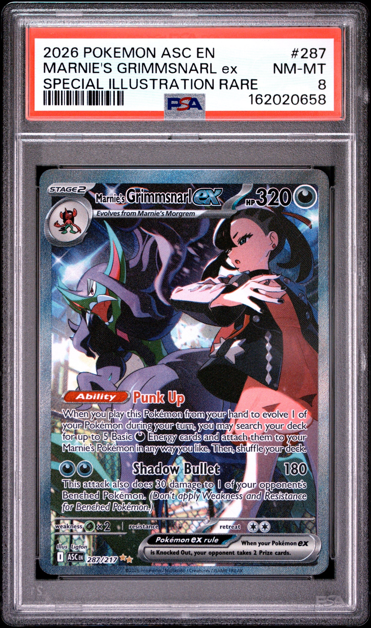 2026 POKEMON ASC EN-ASCENDED HEROES MARNIE'S GRIMMSNARL ex SPECIAL ILLUSTRATION RARE #287 PSA 8 - Front