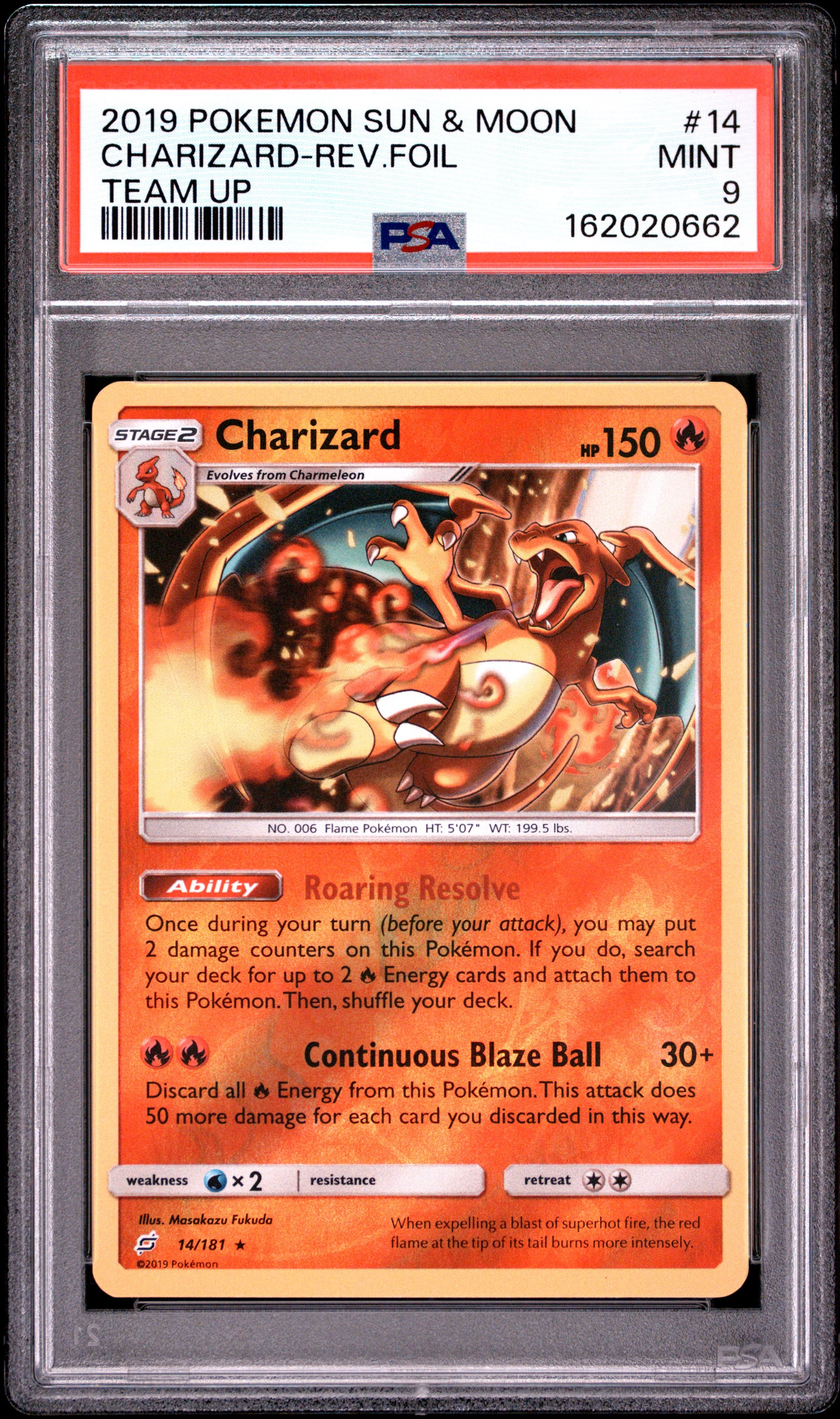 2019 POKEMON SUN & MOON TEAM UP CHARIZARD-REV.FOIL TEAM UP #14 PSA 9 - Front