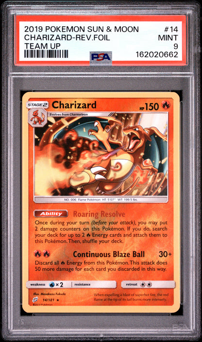 2019 POKEMON SUN & MOON TEAM UP CHARIZARD-REV.FOIL TEAM UP #14 PSA 9 - Front