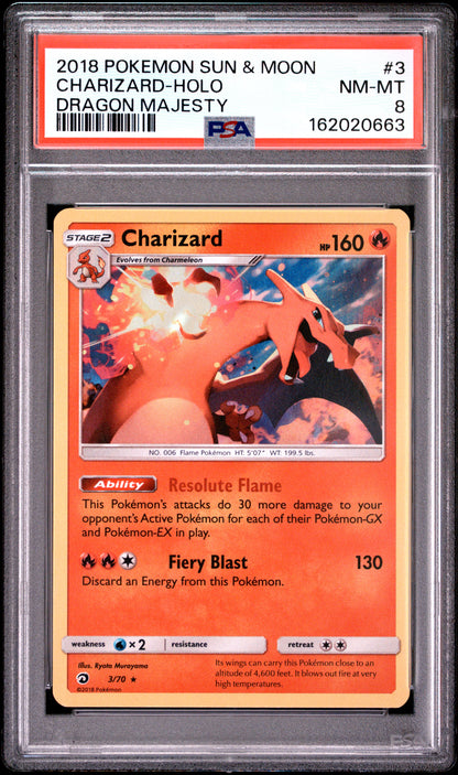 2018 POKEMON SUN & MOON DRAGON MAJESTY CHARIZARD-HOLO DRAGON MAJESTY #3 PSA 8 - Front