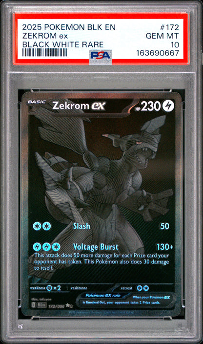 2025 POKEMON BLK EN-BLACK BOLT ZEKROM ex BLACK WHITE RARE #172 PSA 10 - Front