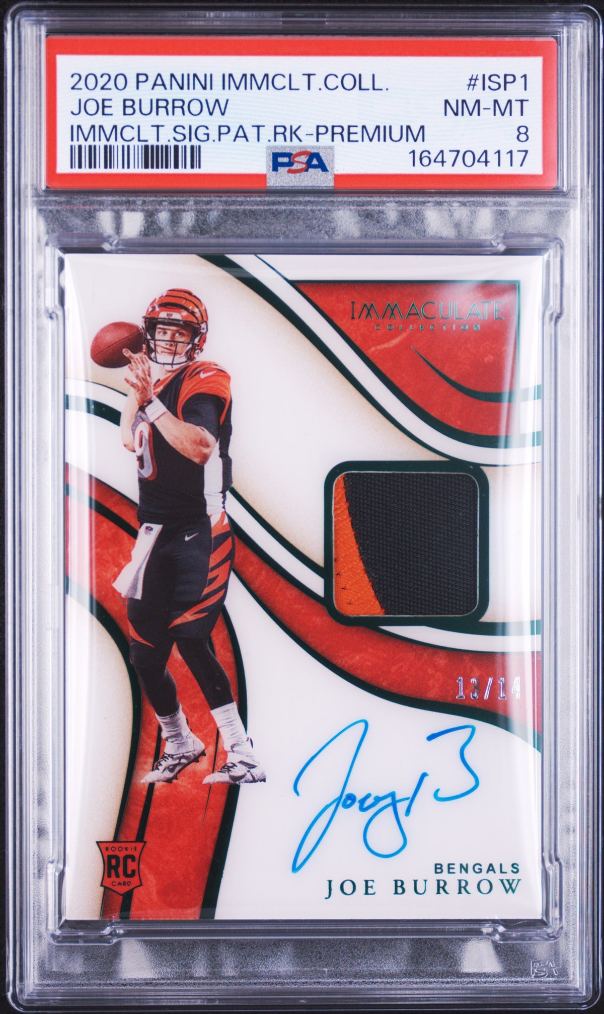 2020 PANINI IMMACULATE COLLECTION IMMACULATE SIGNATURE PATCHES ROOKIE JOE BURROW IMMCLT.SIG.PAT.RK-PREMIUM #ISP1 PSA 8 - Front