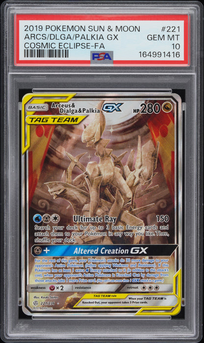 2019 POKEMON SUN & MOON COSMIC ECLIPSE ARCS/DLGA/PALKIA GX COSMIC ECLIPSE-FA #221 PSA 10 - Front