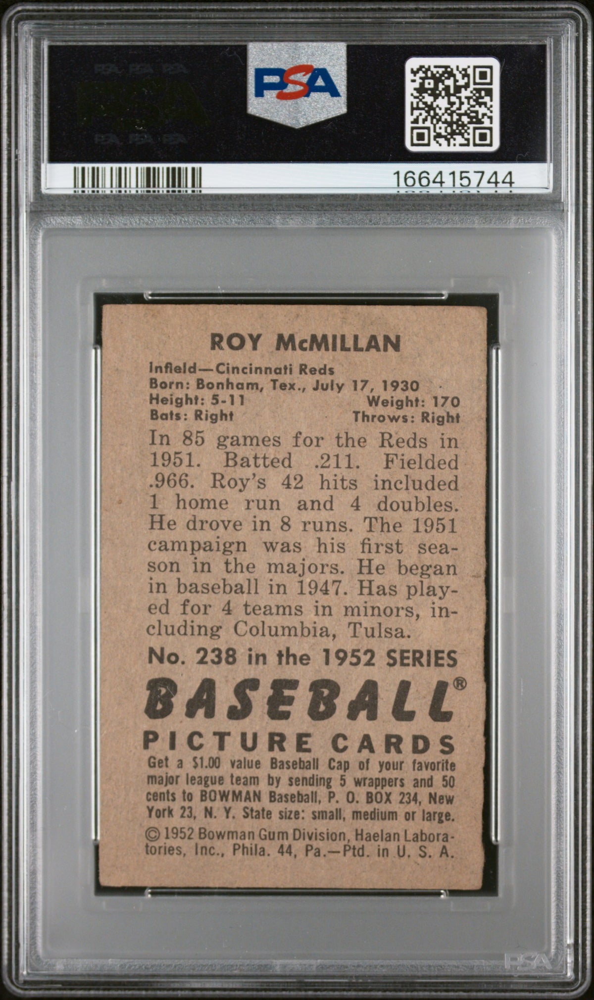 1952 BOWMAN ROY McMILLAN #238 PSA 3 - Back