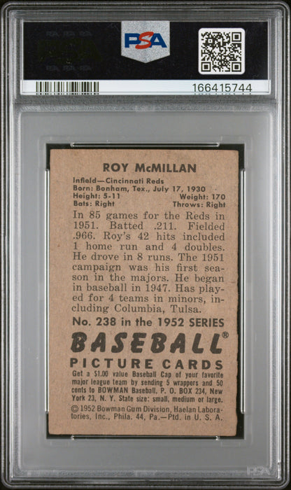 1952 BOWMAN ROY McMILLAN #238 PSA 3 - Back