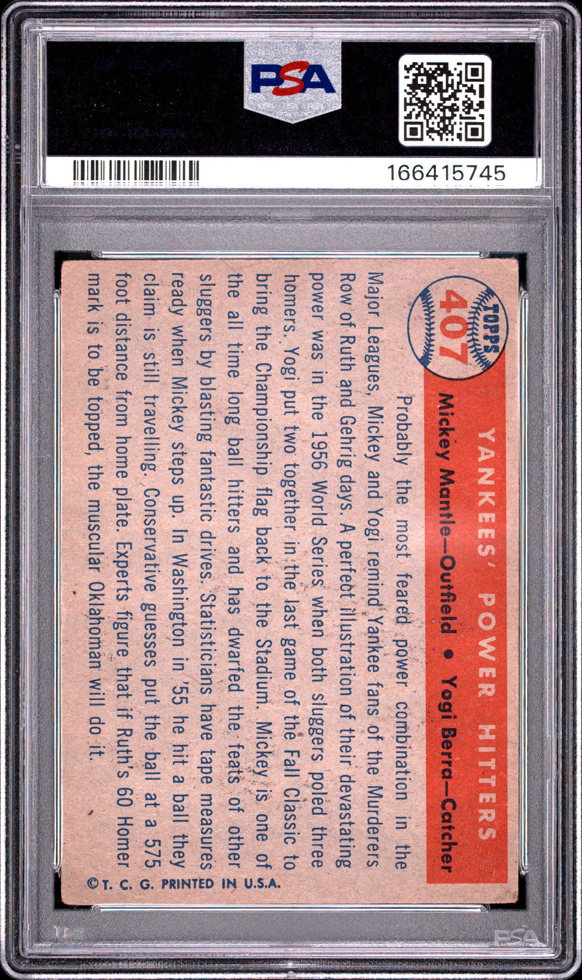1957 TOPPS MANTLE/BERRA YANKEES' POWER HITTERS #407 PSA 3 - Back