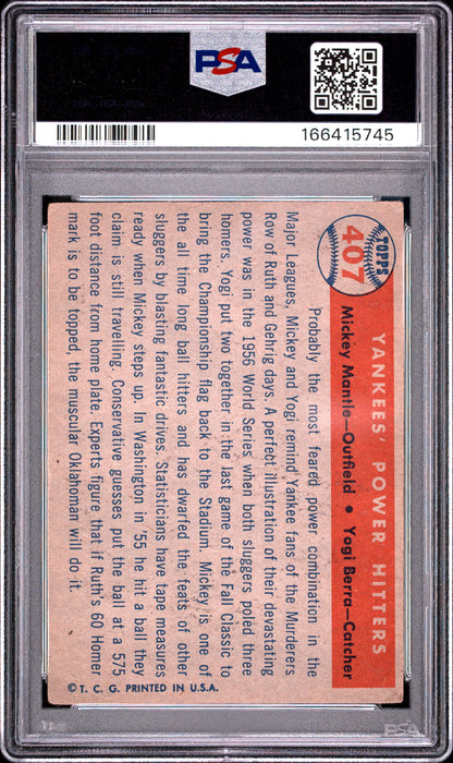 1957 TOPPS MANTLE/BERRA YANKEES' POWER HITTERS #407 PSA 3 - Back
