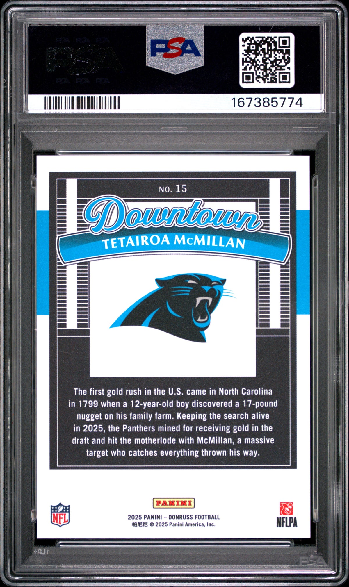 2025 PANINI DONRUSS DOWNTOWN TETAIROA MCMILLAN #15 PSA 10 - Back
