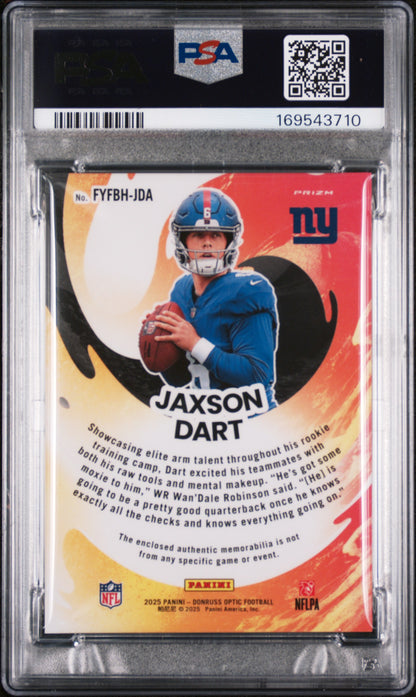 2025 PANINI DONRUSS OPTIC FIRST YEAR FRESH RELICS JAXSON DART FIRST YEAR FRESH RL-BL HYPER #JDA PSA 9 - Back