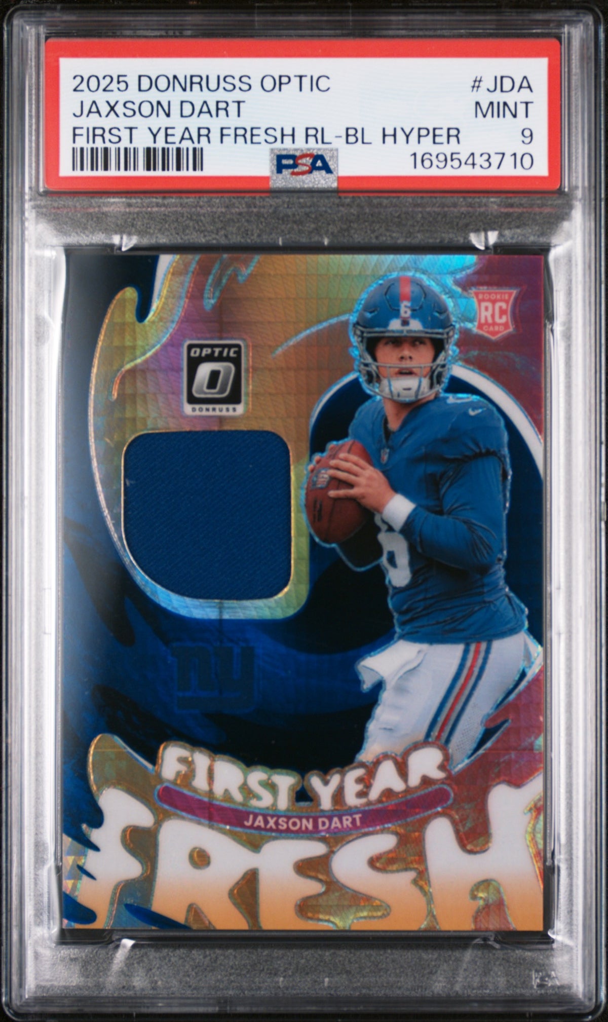 2025 PANINI DONRUSS OPTIC FIRST YEAR FRESH RELICS JAXSON DART FIRST YEAR FRESH RL-BL HYPER #JDA PSA 9 - Front