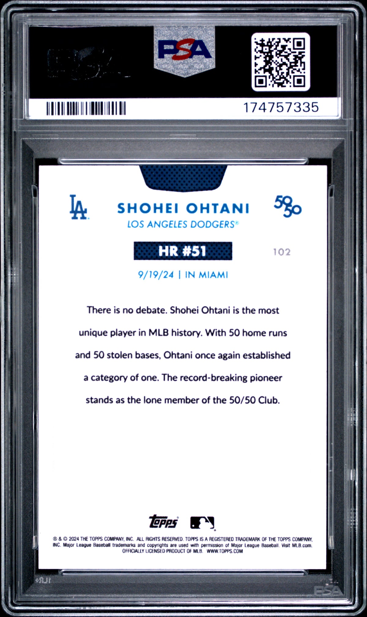 2024 TOPPS 50/50 SHOHEI OHTANI SHOHEI OHTANI #102 PSA 8 - Back