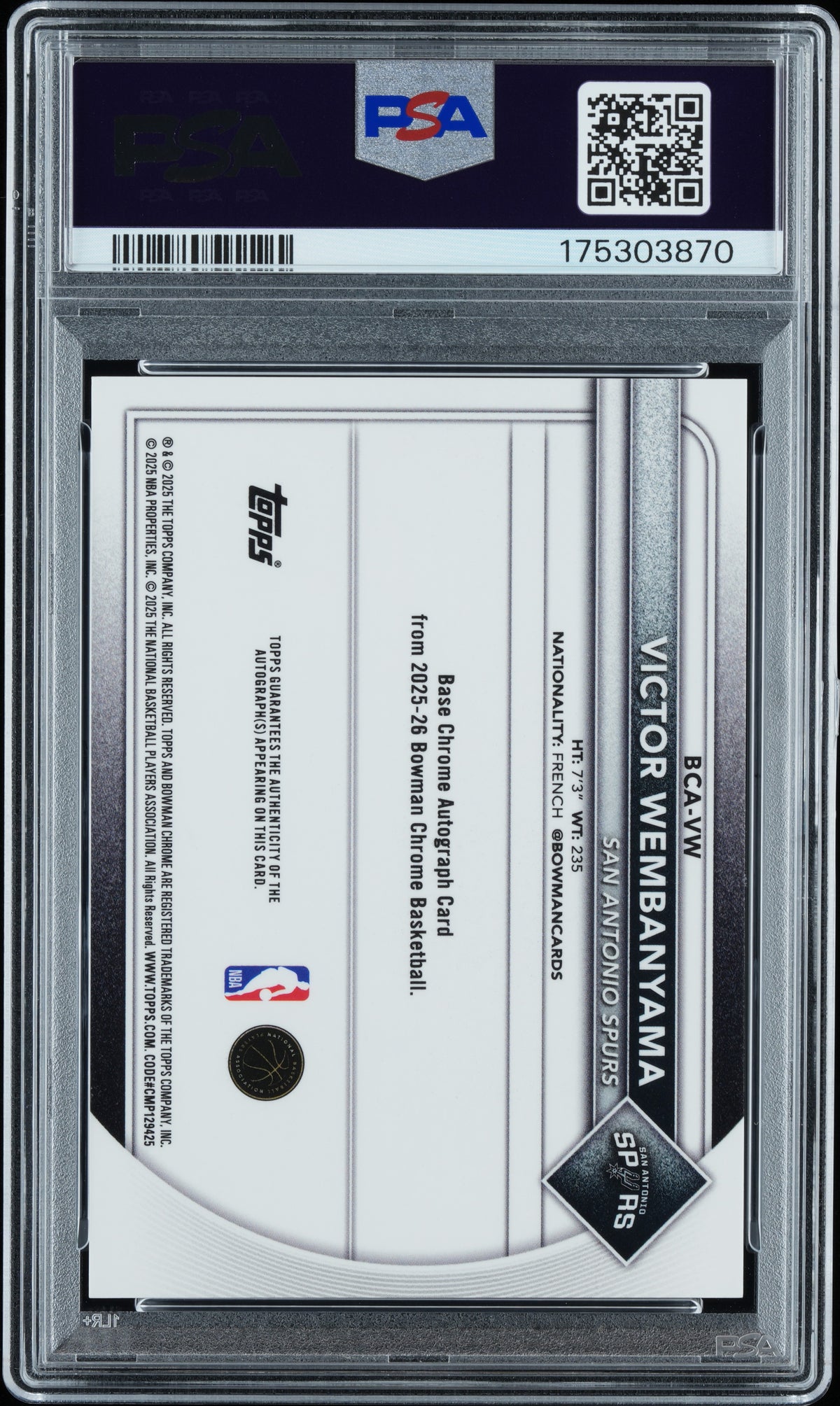 2025 BOWMAN CHROME AUTOGRAPHS VICTOR WEMBANYAMA CHROME AU-GREEN REFRACTOR #BCA-VW PSA 10 - Back