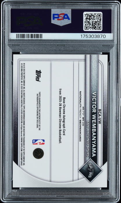 2025 BOWMAN CHROME AUTOGRAPHS VICTOR WEMBANYAMA CHROME AU-GREEN REFRACTOR #BCA-VW PSA 10 - Back