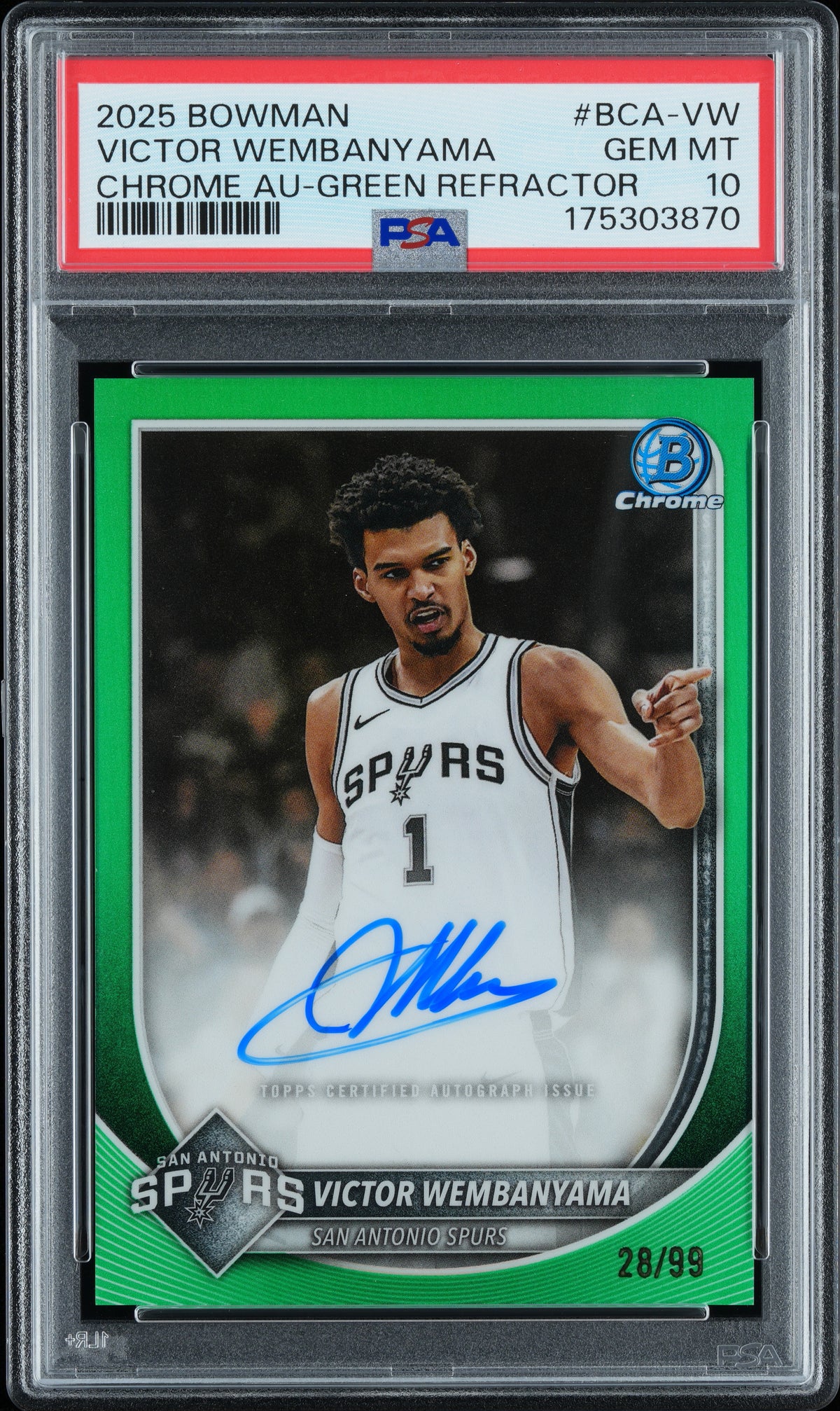2025 BOWMAN CHROME AUTOGRAPHS VICTOR WEMBANYAMA CHROME AU-GREEN REFRACTOR #BCA-VW PSA 10 - Front