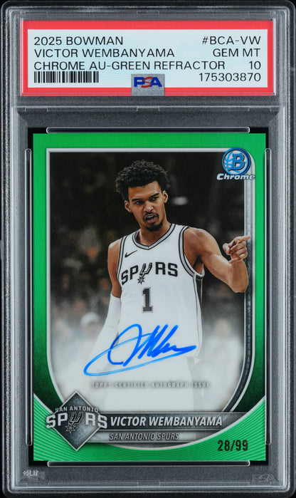 2025 BOWMAN CHROME AUTOGRAPHS VICTOR WEMBANYAMA CHROME AU-GREEN REFRACTOR #BCA-VW PSA 10 - Front