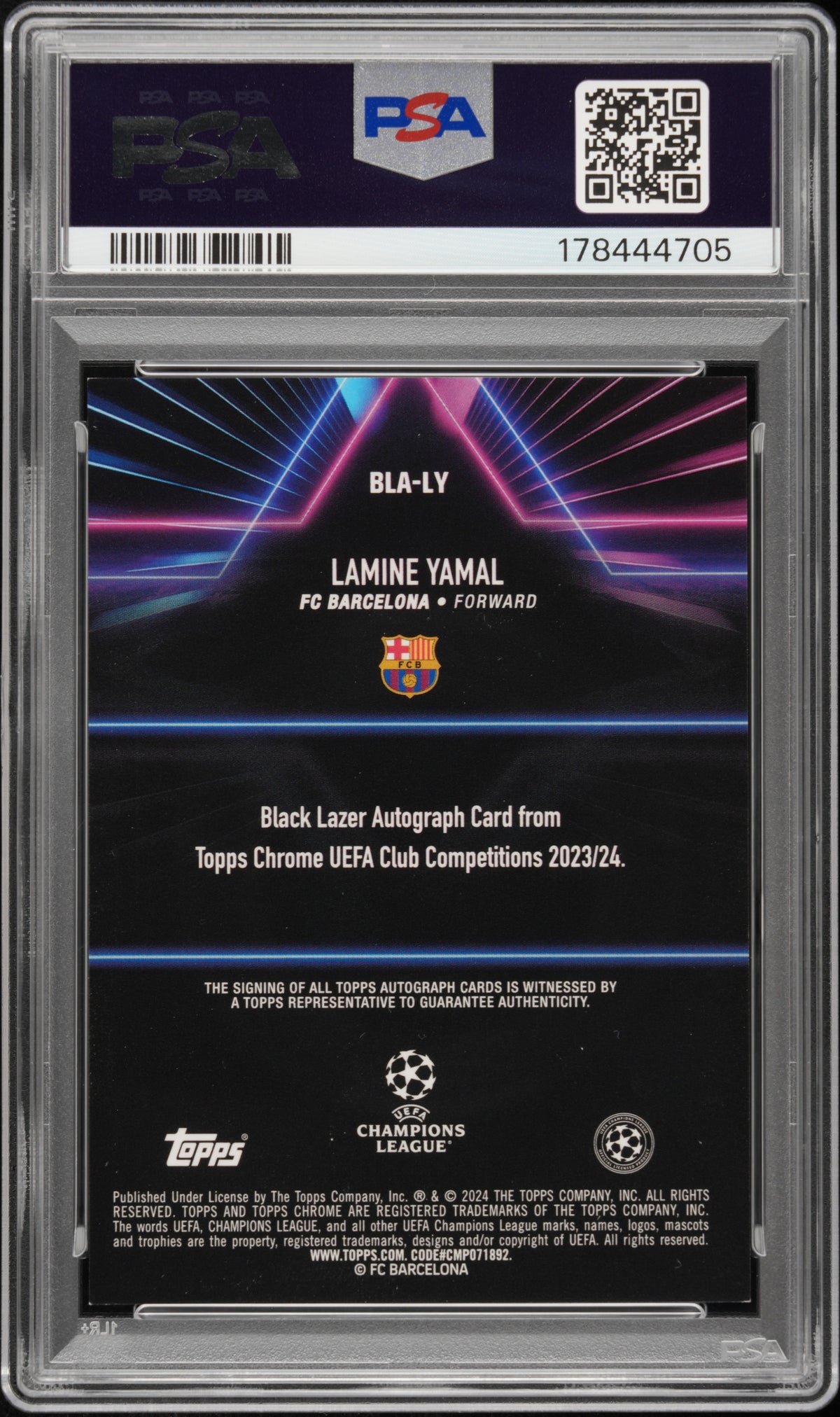 2023-24 TOPPS CHROME UEFA CLUB COMPETITIONS BLACK LAZER AUTOGRAPHS LAMINE YAMAL BLACK LAZER AU-ORG REF #LY PSA 8/GEM MT 10 - Back