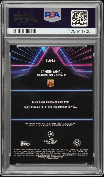 2023-24 TOPPS CHROME UEFA CLUB COMPETITIONS BLACK LAZER AUTOGRAPHS LAMINE YAMAL BLACK LAZER AU-ORG REF #LY PSA 8/GEM MT 10 - Back