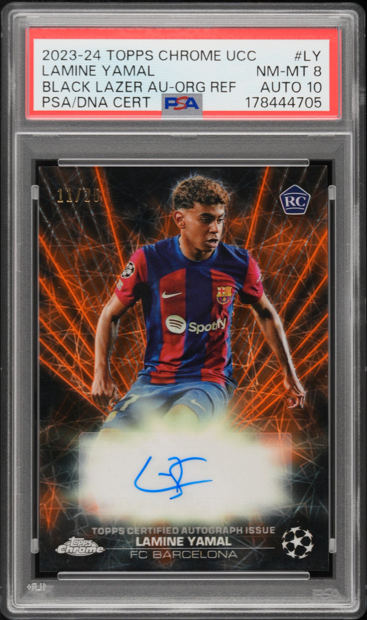 2023-24 TOPPS CHROME UEFA CLUB COMPETITIONS BLACK LAZER AUTOGRAPHS LAMINE YAMAL BLACK LAZER AU-ORG REF #LY PSA 8/GEM MT 10 - Front