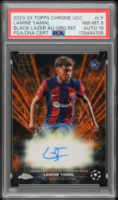 2023-24 TOPPS CHROME UEFA CLUB COMPETITIONS BLACK LAZER AUTOGRAPHS LAMINE YAMAL BLACK LAZER AU-ORG REF #LY PSA 8/GEM MT 10 - Front