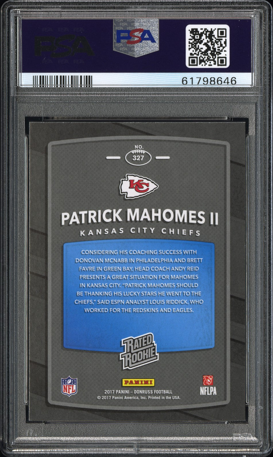 2017 PANINI DONRUSS PATRICK MAHOMES II #327 PSA 8 - Back