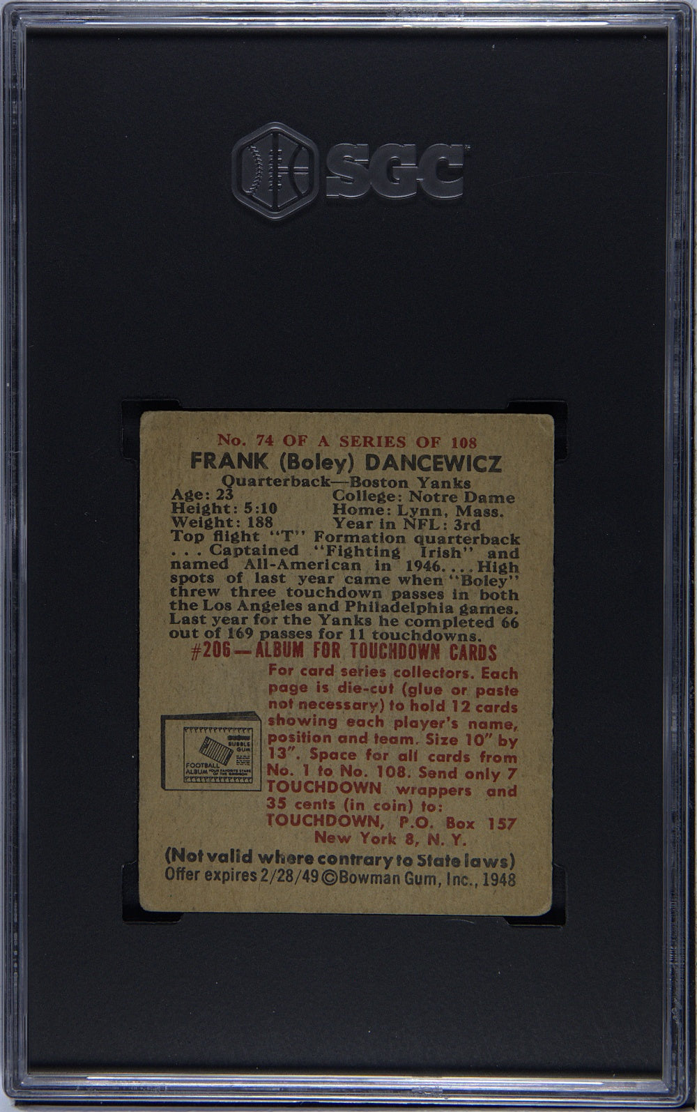 1948 Bowman Frank Dancewicz #74 SGC 1.5 - Back