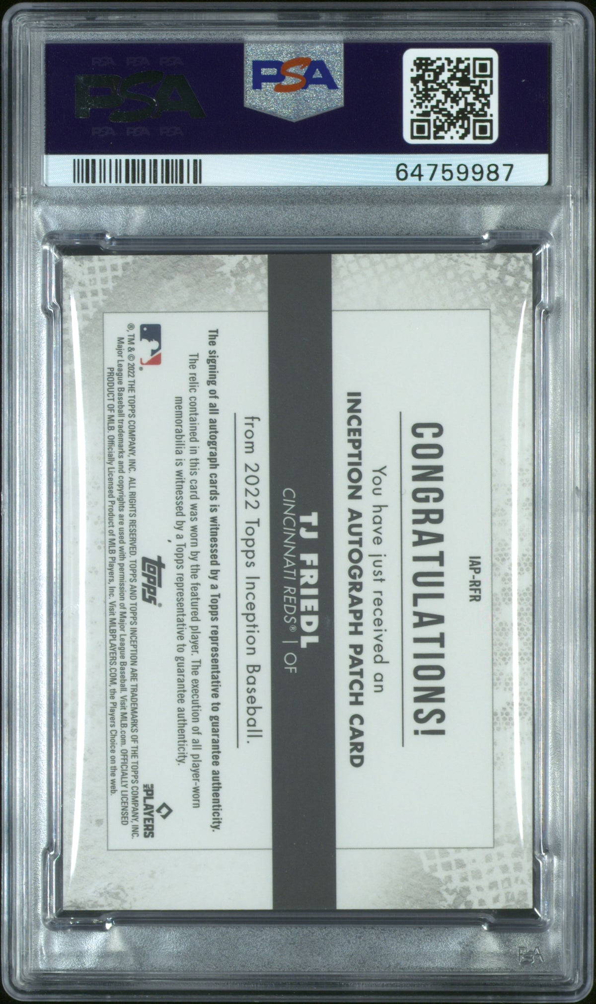 2022 TOPPS INCEPTION INCEPTION AUTOGRAPHED PATCH TJ FRIEDL INCEPTION AU.PAT-GRN. #IAPRFR PSA 9/GEM MT 10 - Back