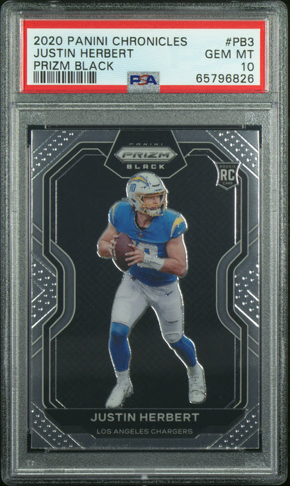 2020 PANINI CHRONICLES PRIZM BLACK JUSTIN HERBERT PRIZM BLACK #PB3 PSA 10 - Front