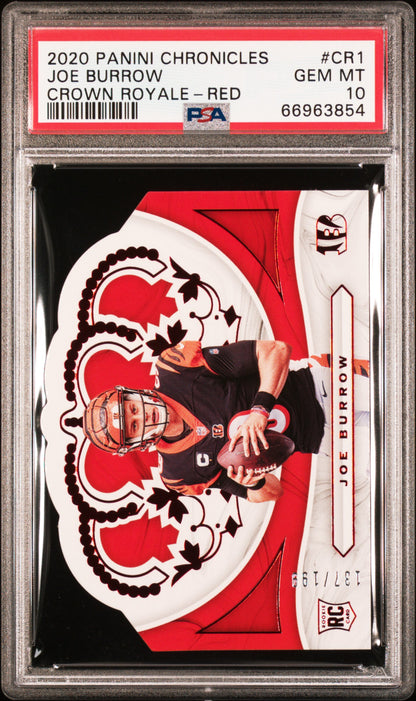 2020 PANINI CHRONICLES CROWN ROYALE JOE BURROW CROWN ROYALE-RED #CR1 PSA 10 - Front
