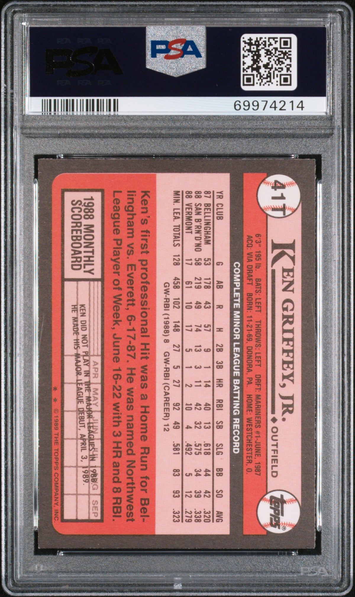 1989 TOPPS TRADED KEN GRIFFEY JR. #41T PSA AUTHENTIC/GEM MT 10 - Back