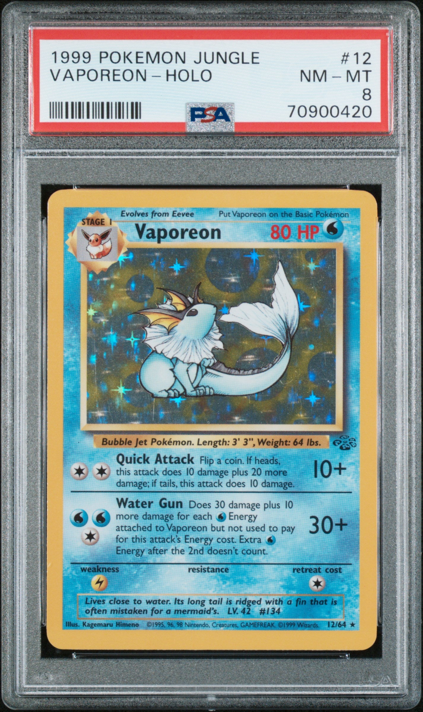 1999 POKEMON JUNGLE VAPOREON-HOLO #12 PSA 8 - Front