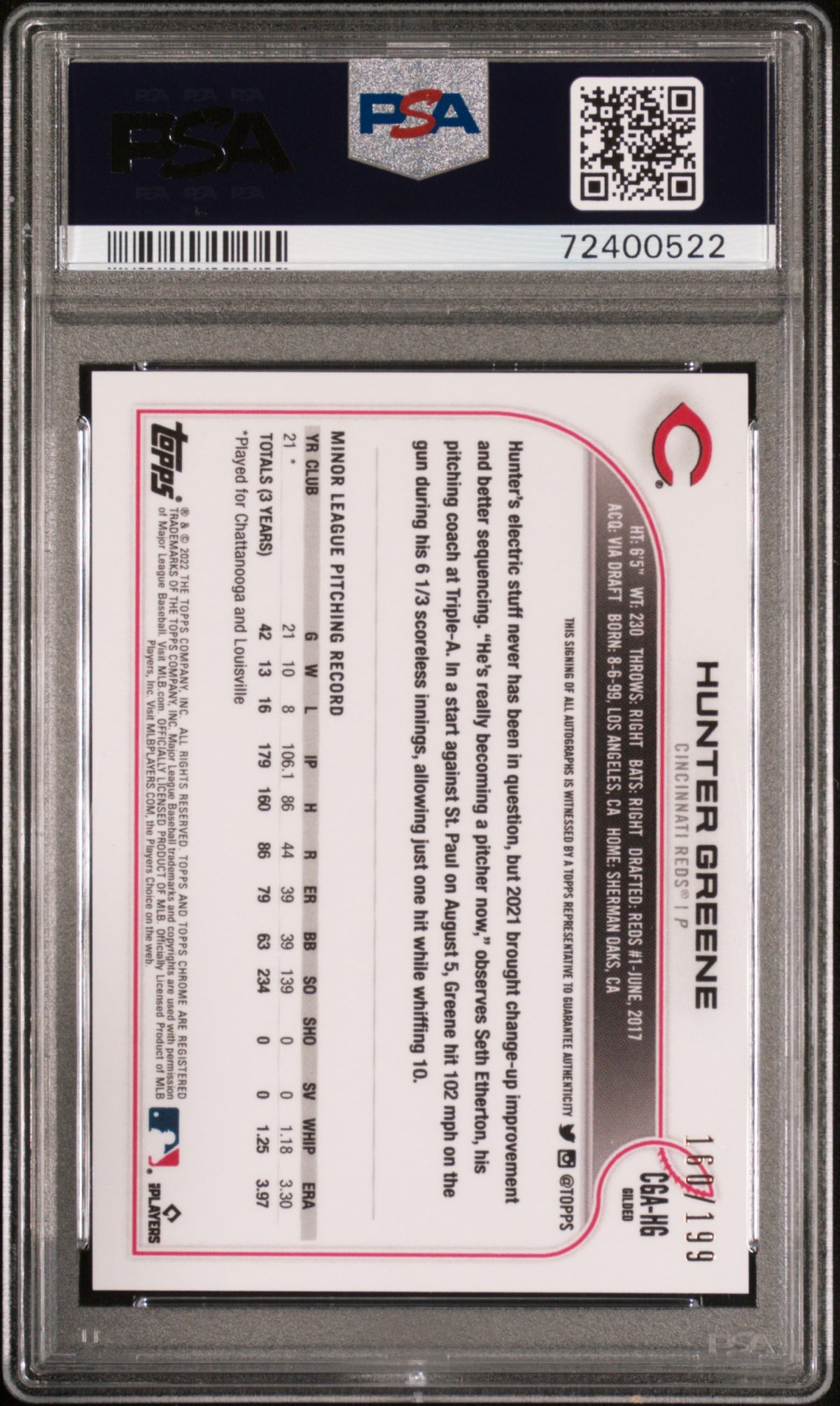 2022 TOPPS GILDED COLLECTION TOPPS CHROME CAST IN GOLD AUTOGRAPHS HUNTER GREENE T/C CAST IN GOLD AUTO. #CGAHG PSA 10/GEM MT 10 - Back