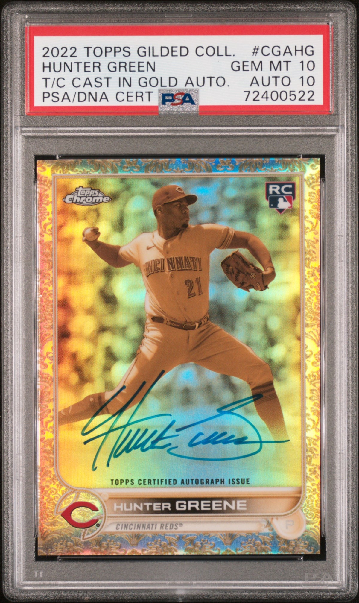 2022 TOPPS GILDED COLLECTION TOPPS CHROME CAST IN GOLD AUTOGRAPHS HUNTER GREENE T/C CAST IN GOLD AUTO. #CGAHG PSA 10/GEM MT 10 - Front