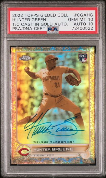2022 TOPPS GILDED COLLECTION TOPPS CHROME CAST IN GOLD AUTOGRAPHS HUNTER GREENE T/C CAST IN GOLD AUTO. #CGAHG PSA 10/GEM MT 10 - Front