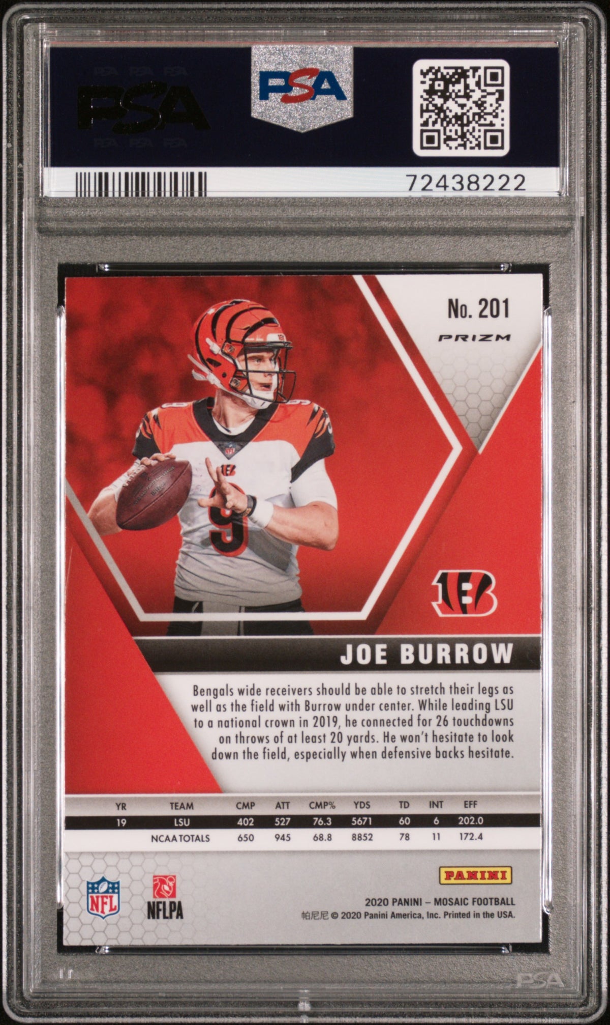 2020 PANINI MOSAIC JOE BURROW RED MOSAIC #201 PSA 10 - Back