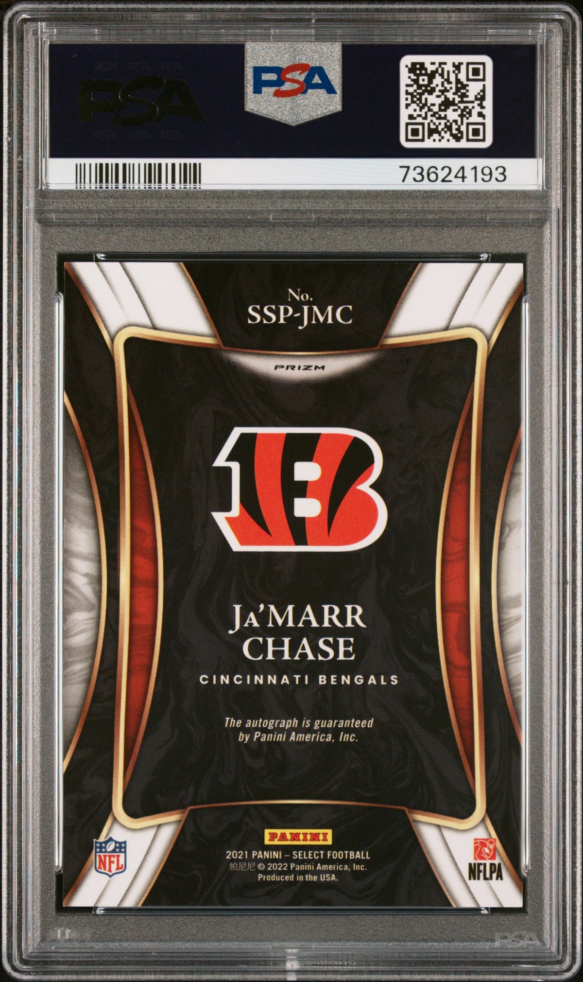 2021 PANINI SELECT SELECT SIGNATURES PRIZM Ja’MARR CHASE SELECT SIGNATURE PRIZM #SSPJMC PSA 10 - Back