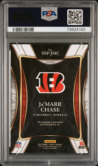 2021 PANINI SELECT SELECT SIGNATURES PRIZM Ja’MARR CHASE SELECT SIGNATURE PRIZM #SSPJMC PSA 10 - Back