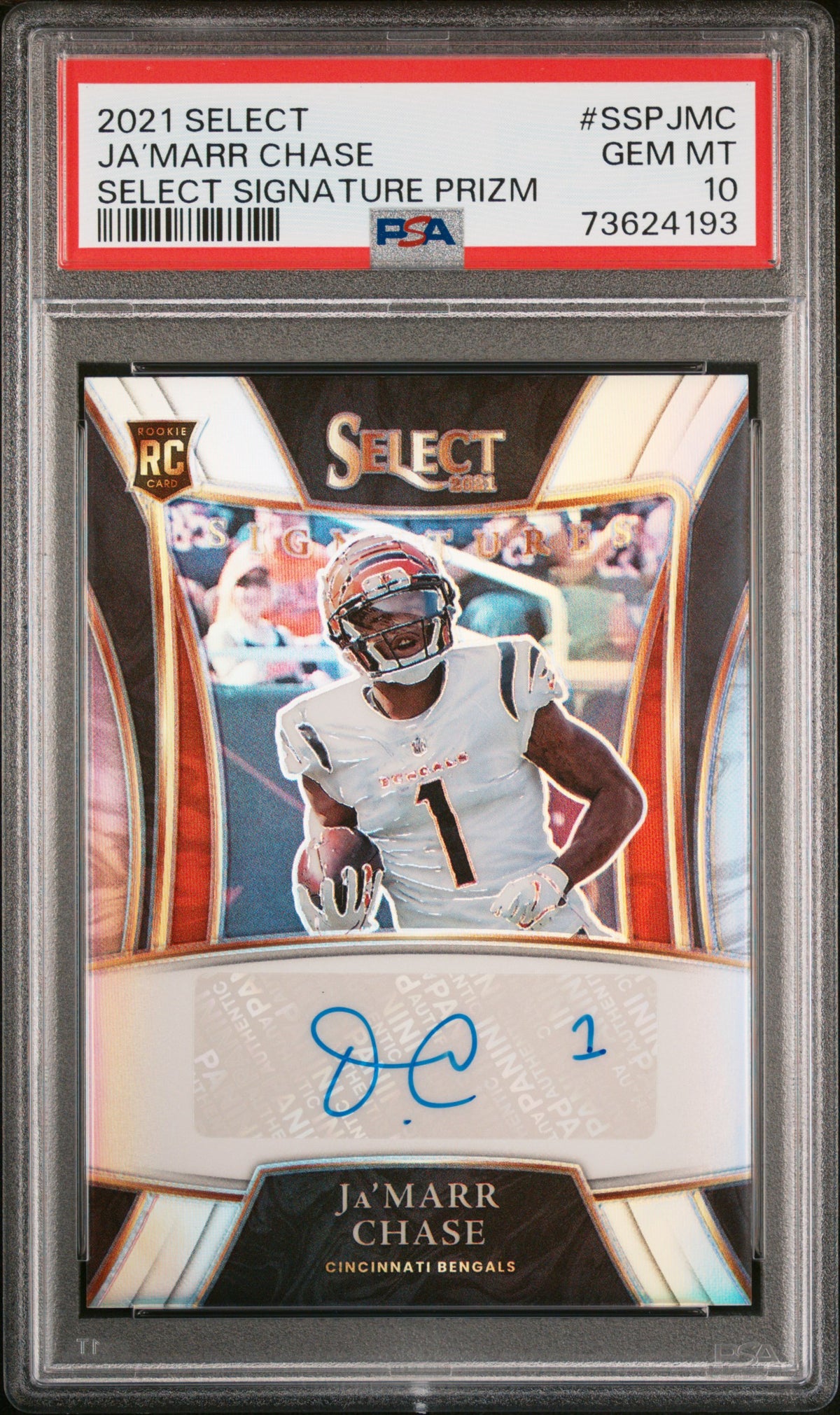 2021 PANINI SELECT SELECT SIGNATURES PRIZM Ja’MARR CHASE SELECT SIGNATURE PRIZM #SSPJMC PSA 10 - Front
