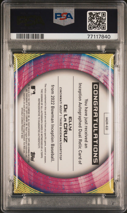2022 BOWMAN INCEPTION AUTOGRAPH DUAL RELICS ELLY DE LA CRUZ AUTO DUAL RELIC #ED PSA 10 - Back