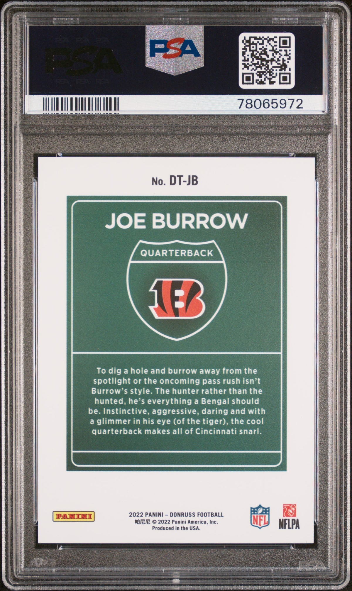 2022 PANINI DONRUSS DOWNTOWN JOE BURROW DOWNTOWN! #DTJB PSA 10 - Back