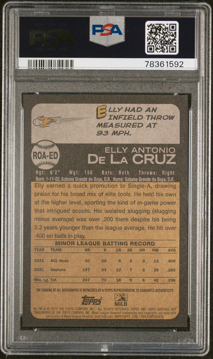 2022 TOPPS HERITAGE MINOR LEAGUE REAL ONE AUTOGRAPHS ELLY DE LA CRUZ REAL ONE AUTOGRAPHS #ROAED PSA 10 - Back