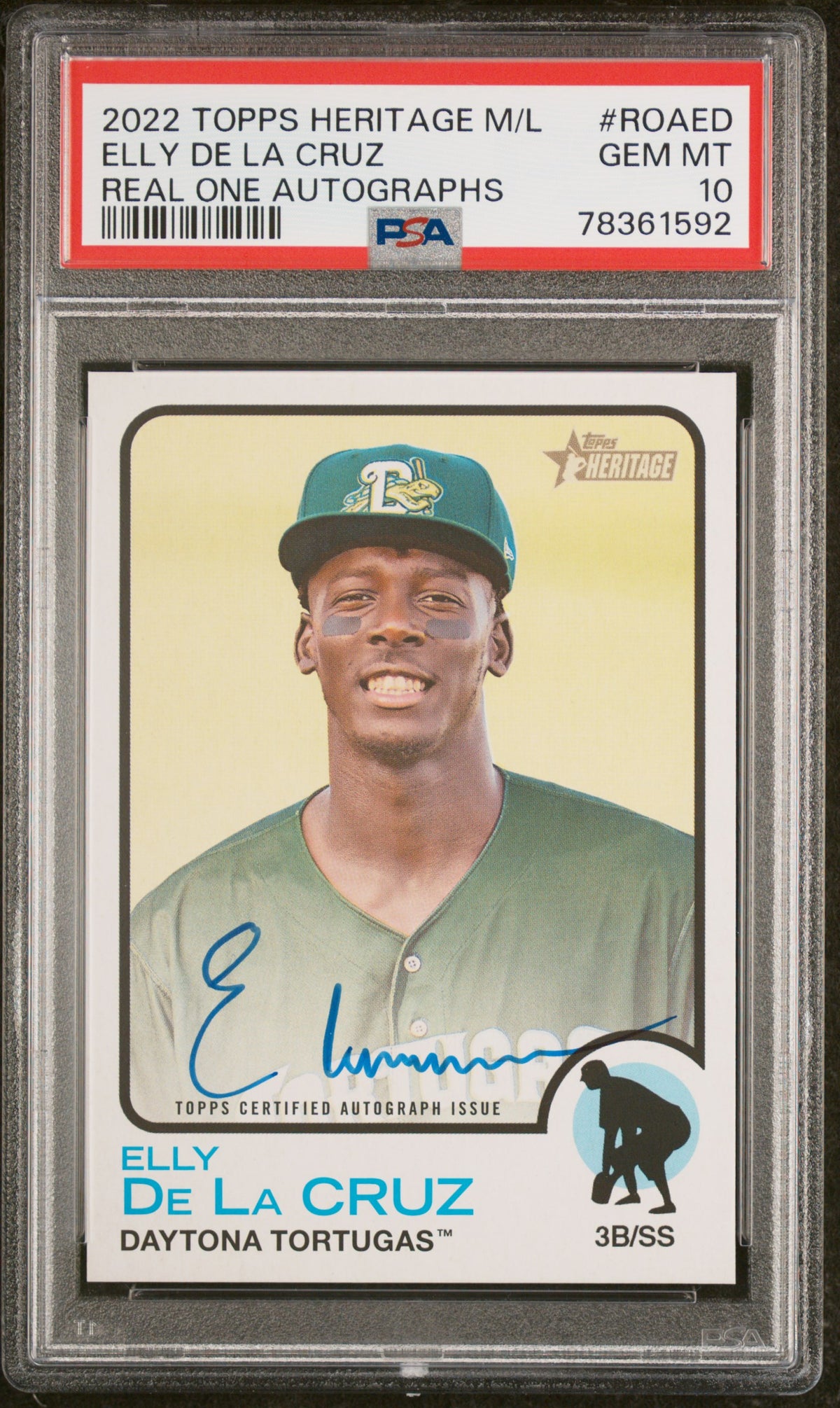 2022 TOPPS HERITAGE MINOR LEAGUE REAL ONE AUTOGRAPHS ELLY DE LA CRUZ REAL ONE AUTOGRAPHS #ROAED PSA 10 - Front