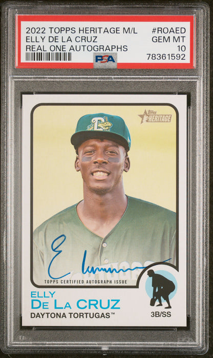 2022 TOPPS HERITAGE MINOR LEAGUE REAL ONE AUTOGRAPHS ELLY DE LA CRUZ REAL ONE AUTOGRAPHS #ROAED PSA 10 - Front